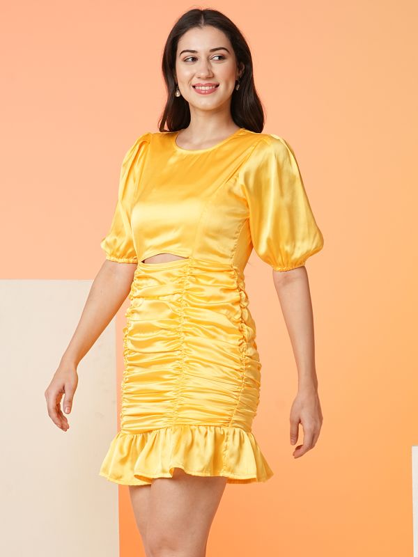 Globus Women Yellow Cut-Outs Ruched Slim Fit Bodycon Party Dress