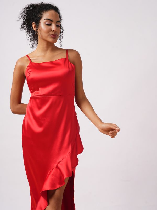 Globus Women Red Square Neck Strappy Shoulder Solid High-Low Hem Ruffles Detail Satin Maxi Bodycon Party Dress