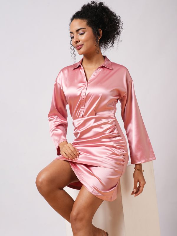 Globus Women Pink Satin Shirt Collar Bell Sleeves Ruched Tulip Hem Mini Bodycon Party Dress