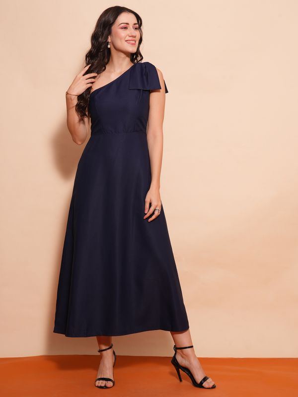 Globus Women Navy Blue One Shoulder Bow Detail A-Line Maxi Party Dress