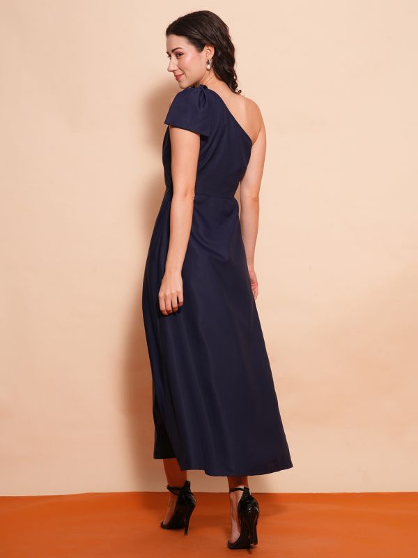 Globus Women Navy Blue One Shoulder Bow Detail A-Line Maxi Party Dress