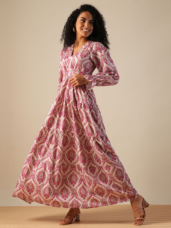 Globus Women Pink V-Neck Bishop Sleeves Ethnic Printed Cut-Out Detail Tiered Fit & Flare Fusion Maxi Dress