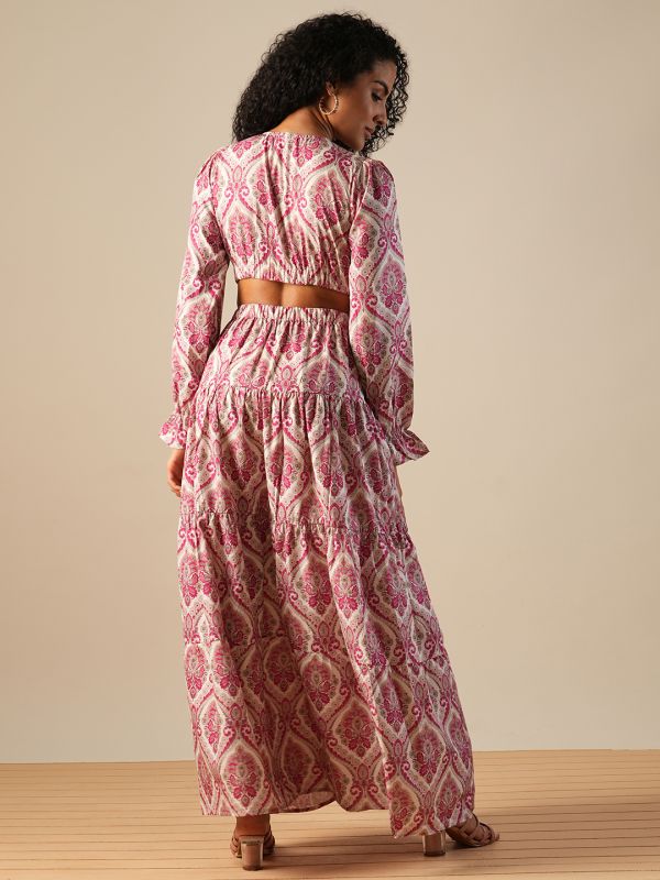 Globus Women Pink V-Neck Bishop Sleeves Ethnic Printed Cut-Out Detail Tiered Fit & Flare Fusion Maxi Dress