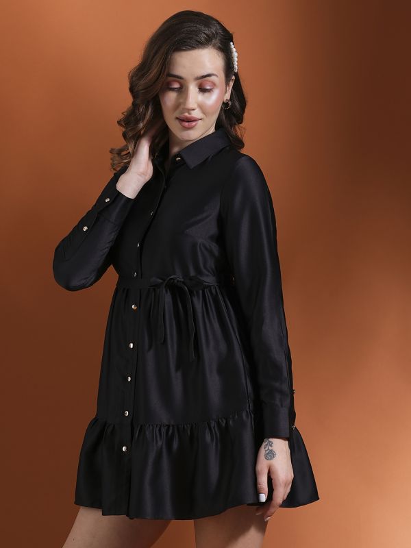 Globus Women Black Cuff Sleeves Shirt Collar Button Down Belted Fit & Flare Mini Party Dress