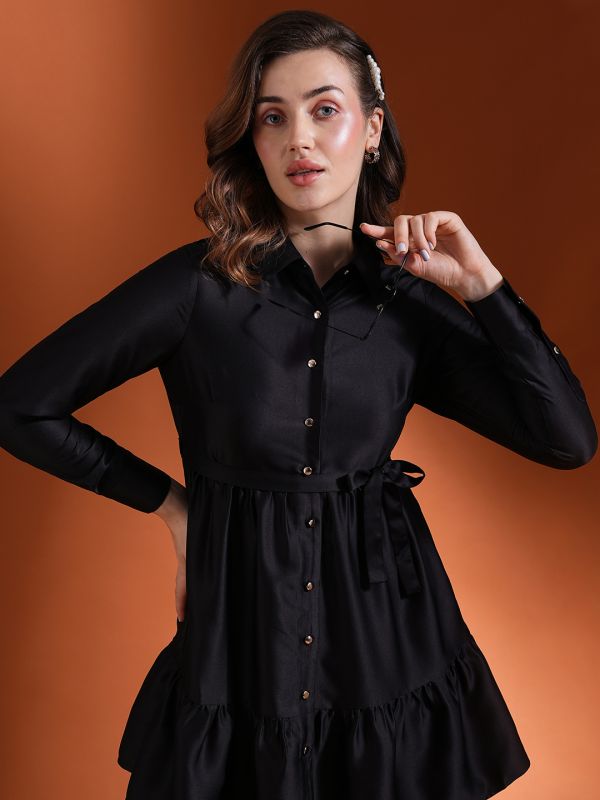 Globus Women Black Cuff Sleeves Shirt Collar Button Down Belted Fit & Flare Mini Party Dress