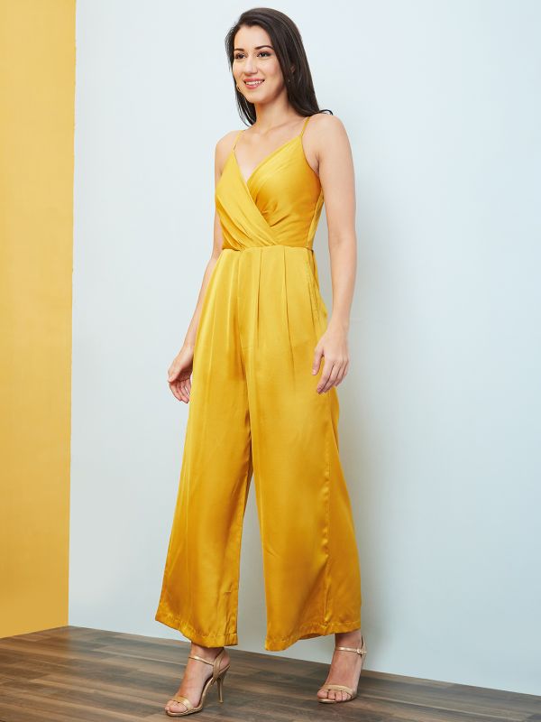 Globus Women Yellow Adjustable Strappy Shoulder Wrap Neck Flared Hem Party Jumpsuit 