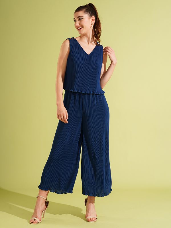 Globus Women Blue V-Neck Accordion Pleat Wide Leg Loose Fit Long Party Jumpsuit