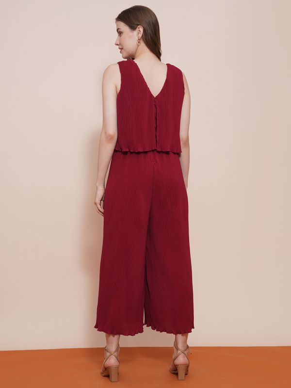 Globus Women Maroon V-Neck Accordion Pleats Wide Leg Loose Fit Long Party Jumpsuit