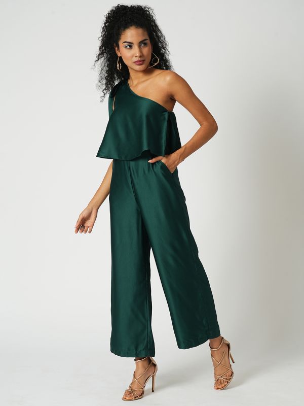 Globus Women Green One Shoulder Tie-Up Party Jumpsuit