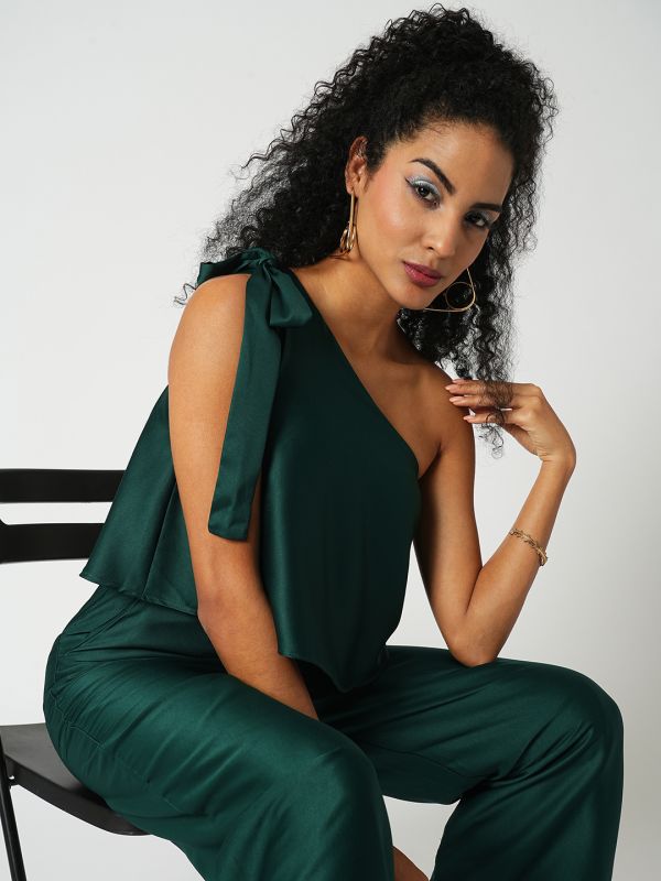 Globus Women Green One Shoulder Tie-Up Party Jumpsuit