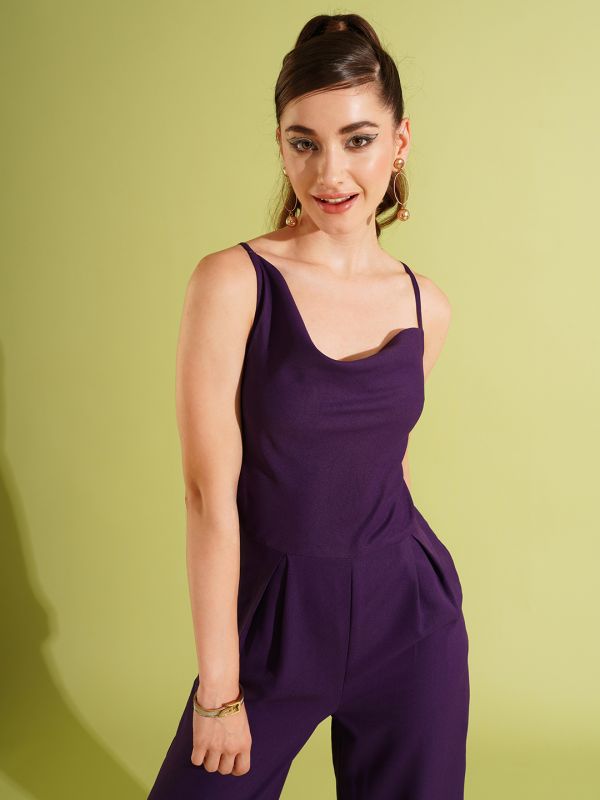 Globus Women Purple Cowl Neck Strappy Shoulder Stylised Back Long Wide Leg Party Jumpsuit.