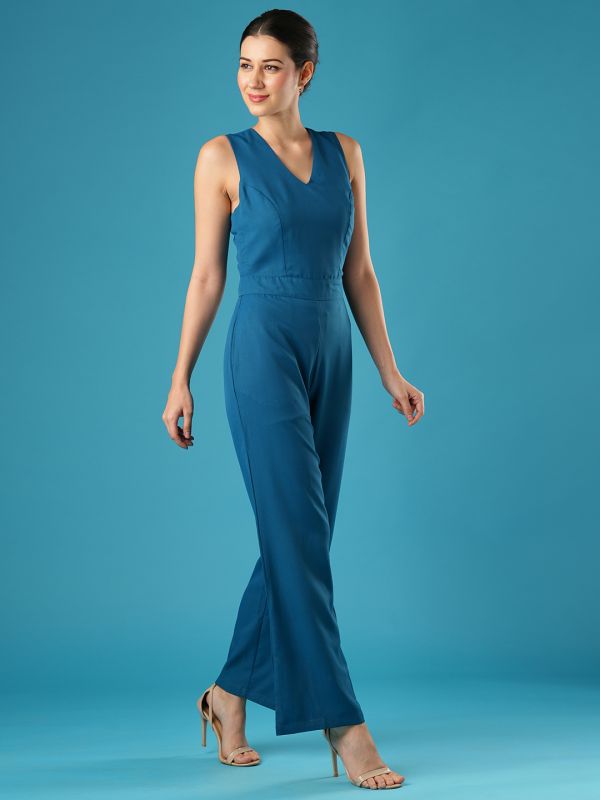 Globus Women Teal V-Neck Stylised Back Wide Leg Workwear Jumpsuit