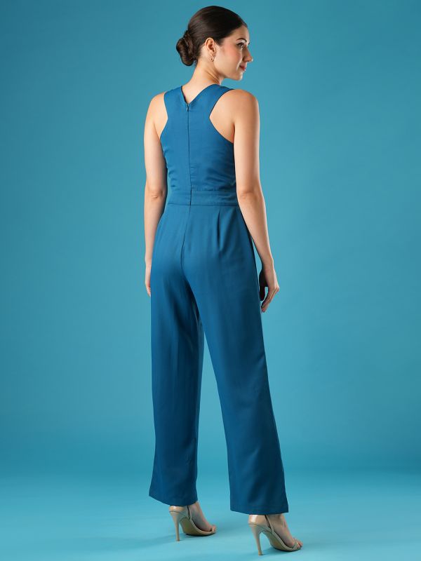 Globus Women Teal V-Neck Stylised Back Wide Leg Workwear Jumpsuit