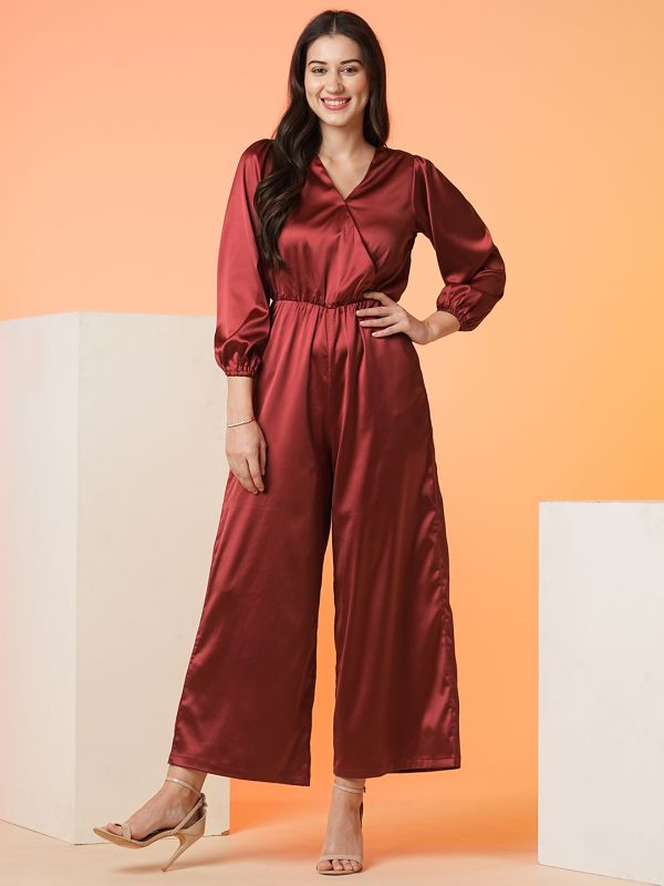 Globus Women Maroon Wrap Neck Bishop Sleeve Party Wear Jumpsuit