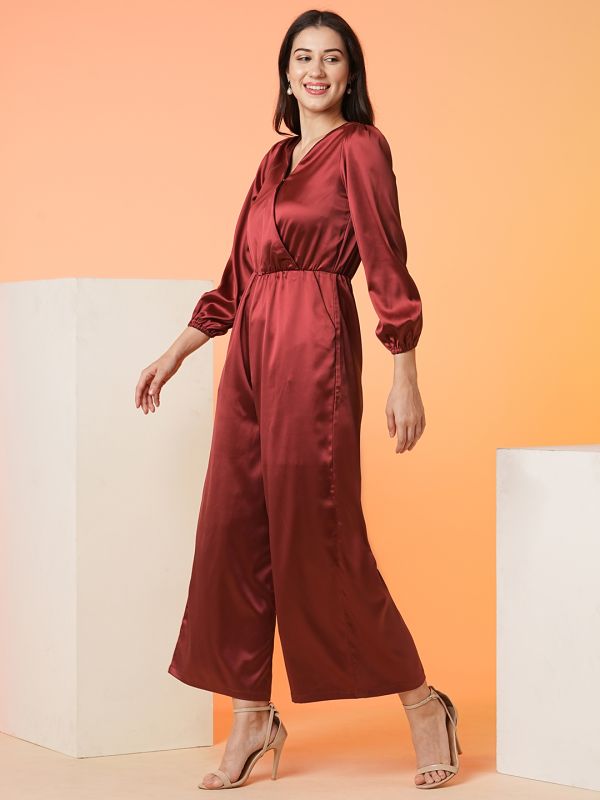 Globus Women Maroon Wrap Neck Bishop Sleeve Party Wear Jumpsuit