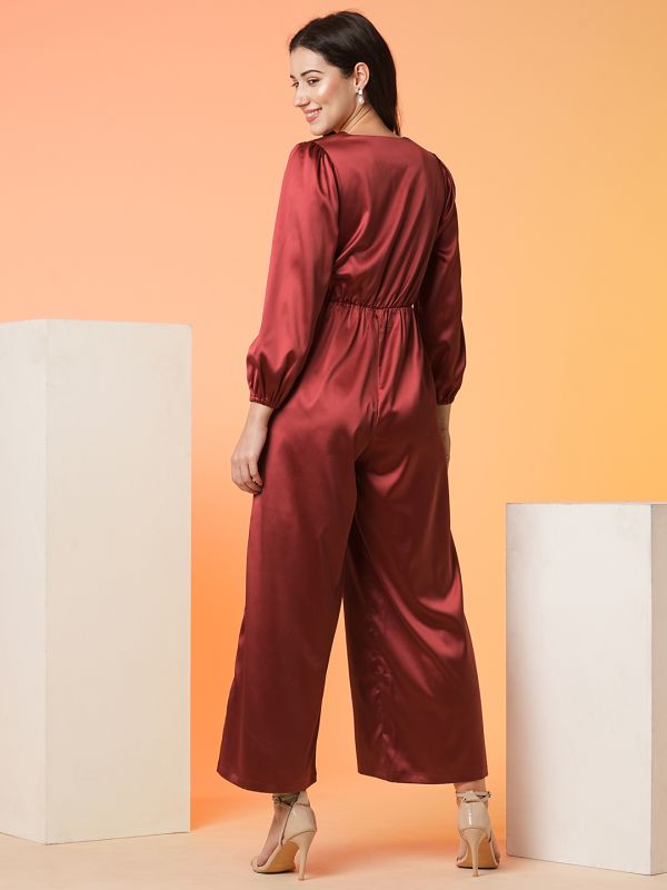 Globus Women Maroon Wrap Neck Bishop Sleeve Party Wear Jumpsuit