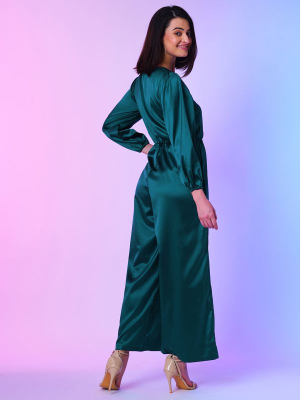 Globus Women Teal Wrap Neck Wide-Leg Party Jumpsuit