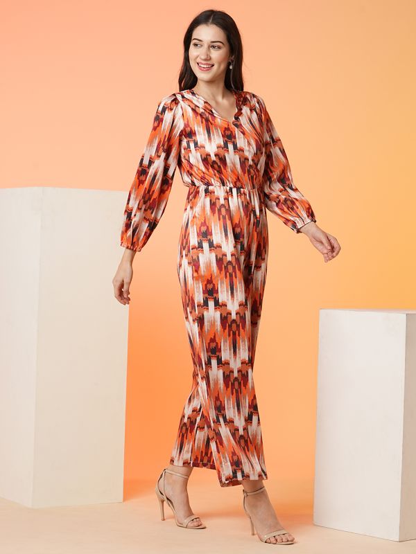 Globus Women Multi Orange V-Neck Printed Party Jumpsuit