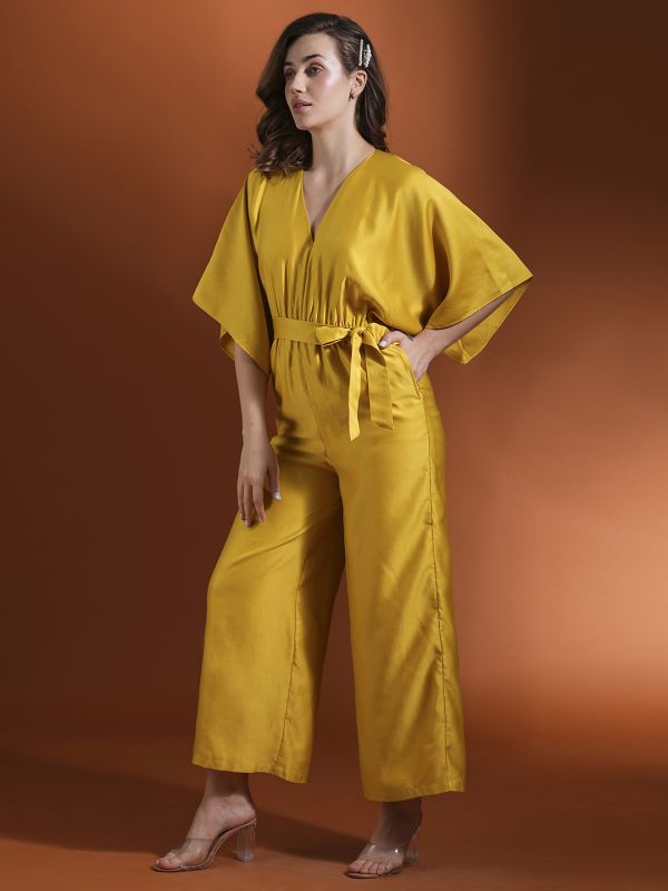 Globus Women Yellow V-Neck Kimono Style Extended Sleeves Waist Tie-Up Flared Hem Work Wear Jumpsuit