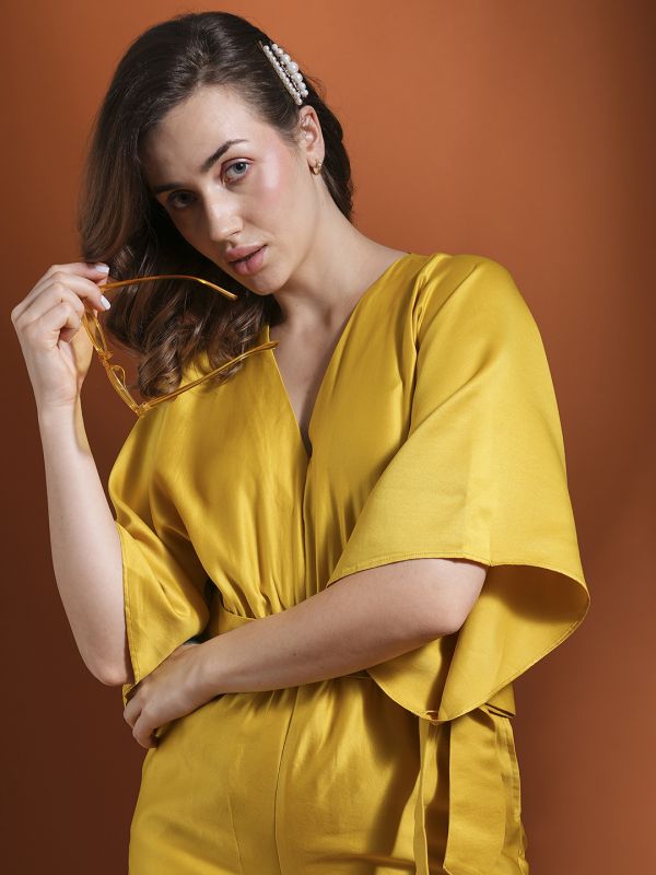 Globus Women Yellow V-Neck Kimono Style Extended Sleeves Waist Tie-Up Flared Hem Work Wear Jumpsuit