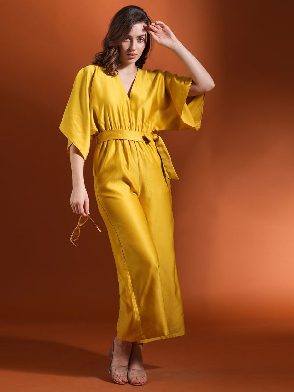 Globus Women Yellow V-Neck Kimono Style Extended Sleeves Waist Tie-Up Flared Hem Work Wear Jumpsuit