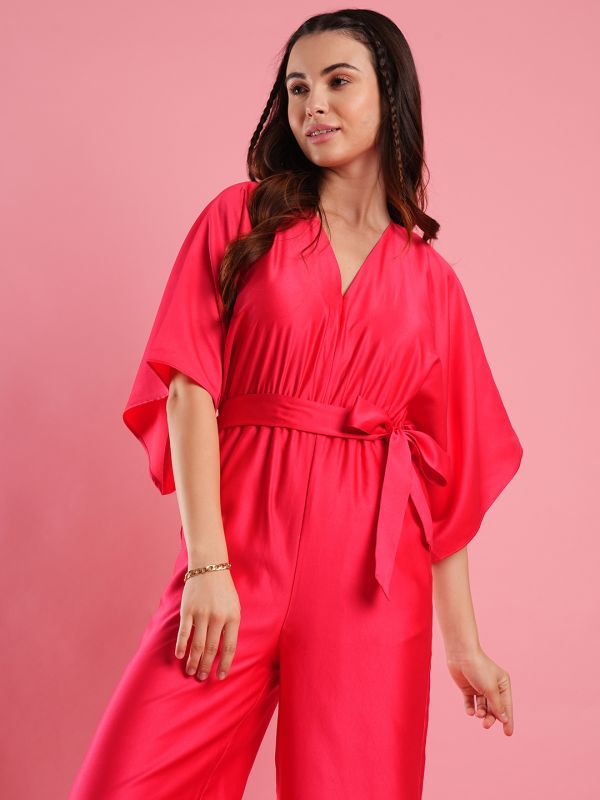 Globus Women Pink V-Neck Kimono Style Extended Sleeves Waist Tie-Up Wide Leg Workwear Jumpsuit