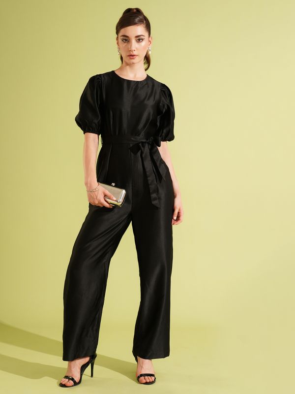 Globus Women Black Satin Round Neck Puff Sleeve Waist Tie-Up Long Party Jumpsuit