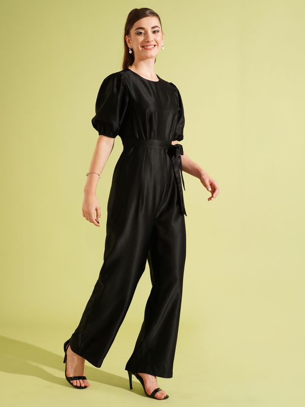 Globus Women Black Satin Round Neck Puff Sleeve Waist Tie-Up Long Party Jumpsuit