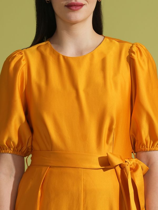 Globus Women Yellow Solid Round Neck Puff Sleeve Waist Tie-Up Party Jumpsuit