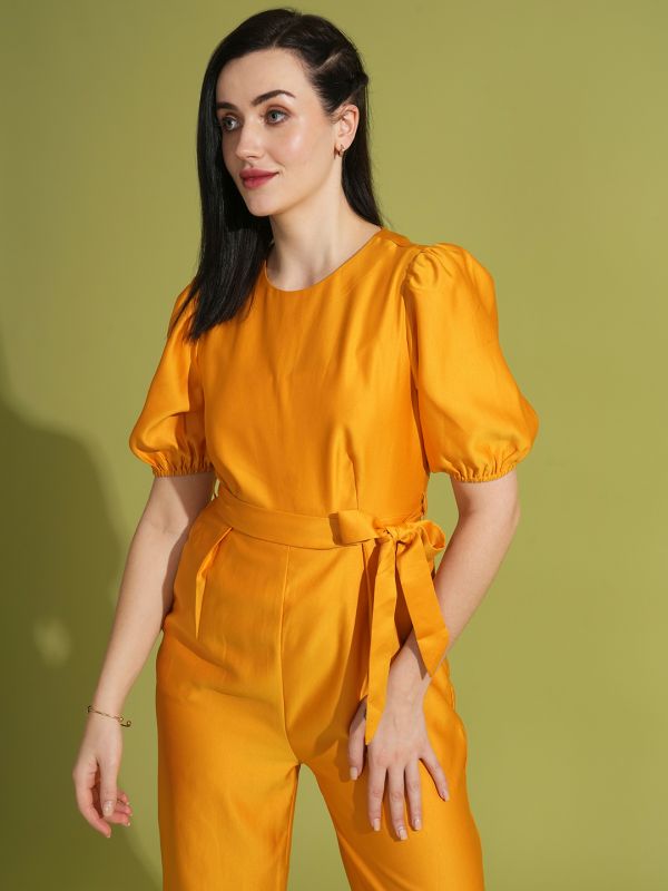 Globus Women Yellow Solid Round Neck Puff Sleeve Waist Tie-Up Party Jumpsuit