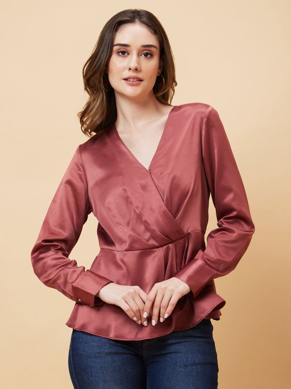 Globus Women Dusty Pink Long Cuffed Sleeves V-Neck Wrap Party Top