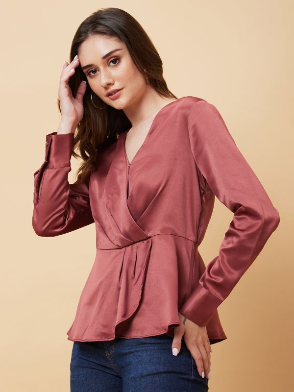 Globus Women Dusty Pink Long Cuffed Sleeves V-Neck Wrap Party Top