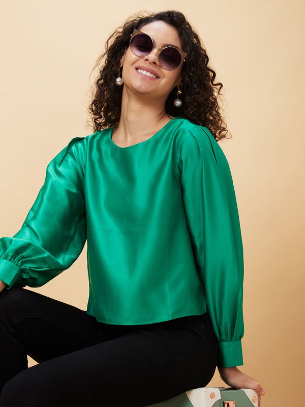 Globus Women Green Solid Round Neck Party Top