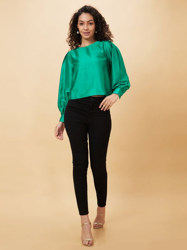 Globus Women Green Solid Round Neck Party Top