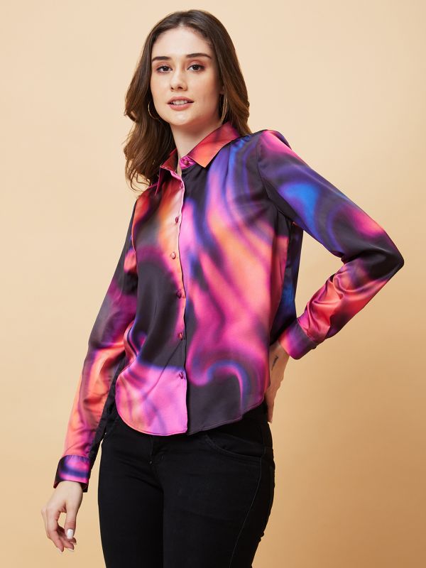 Globus Women Multi Galaxy Print Cuffed Sleeves Shirt Style Party Top