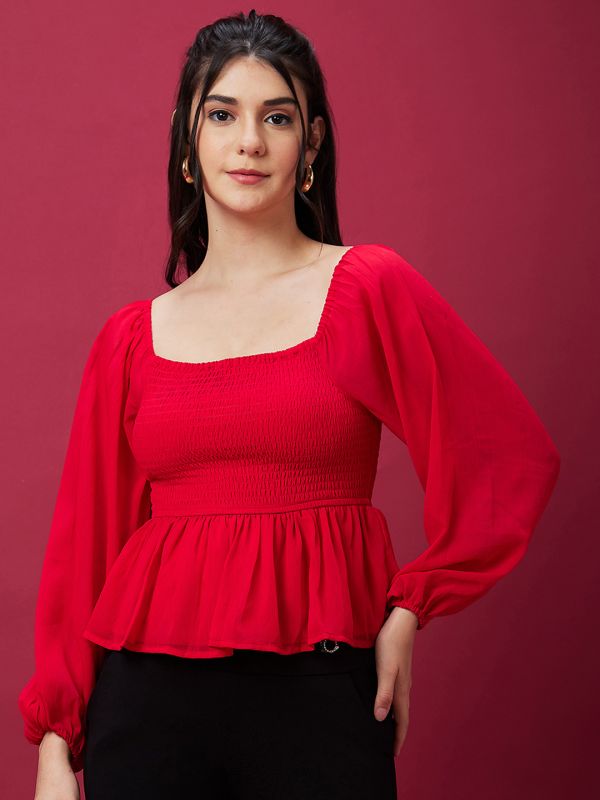 Globus Women Red Square Neck Bishop Sleeve Smocked Peplum Party Top