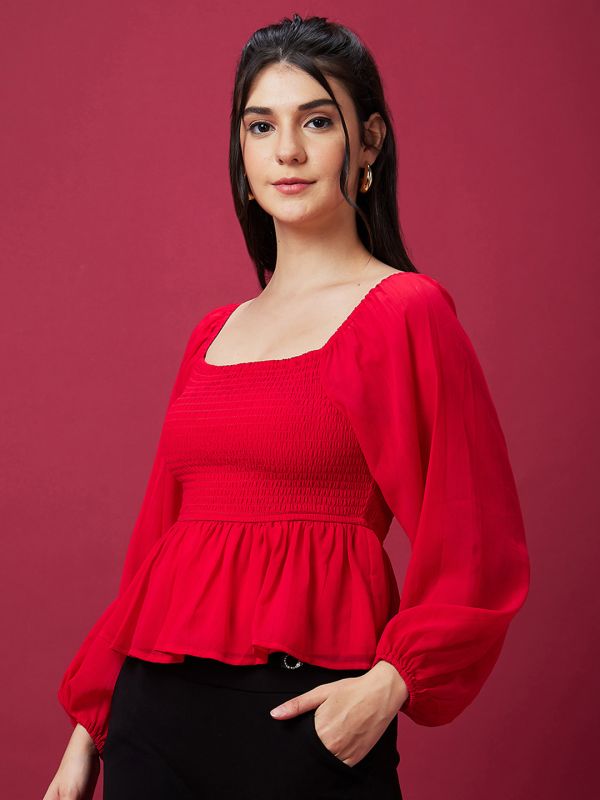 Globus Women Red Square Neck Bishop Sleeve Smocked Peplum Party Top