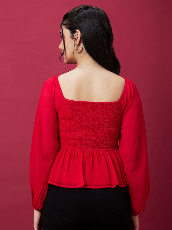 Globus Women Red Square Neck Bishop Sleeve Smocked Peplum Party Top