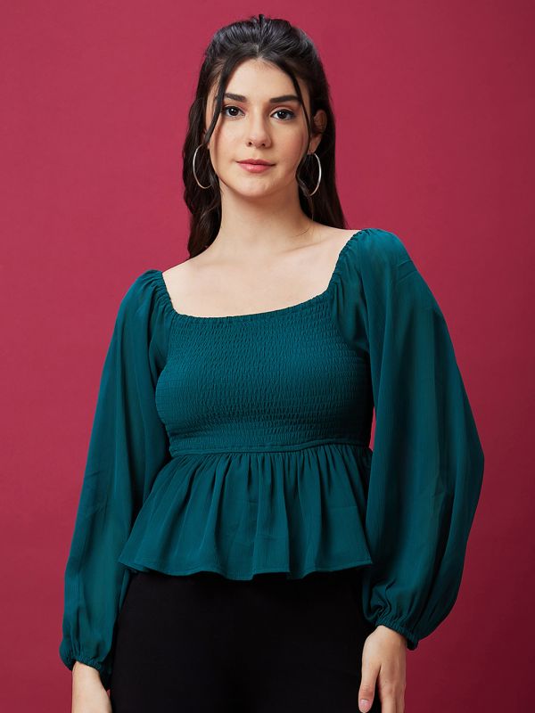 Globus Women Teal Solid Smocked Balloon Sleeves Peplum Top