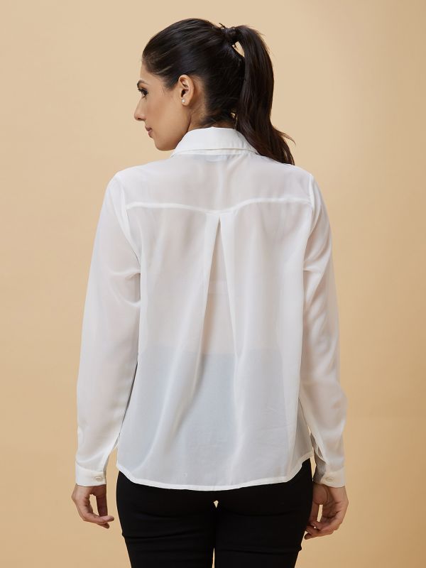 Globus Women White Embellished Collar Cuffed Sleeves Shirt Style Party Top