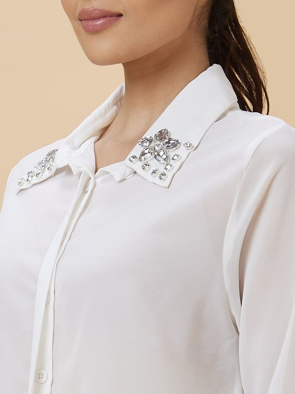 Globus Women White Embellished Collar Cuffed Sleeves Shirt Style Party Top