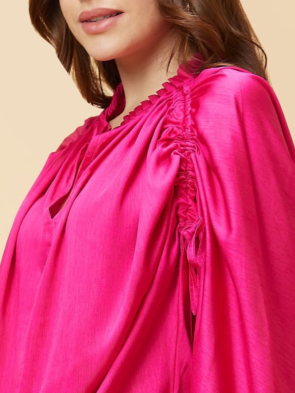 Globus Women Pink V Neck Long Raglan Sleeves Gathered Solid Design Loose Party Top