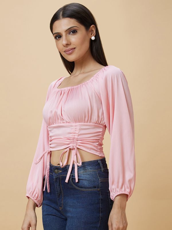 Globus Women Pink Solid Square Neck Smocking Party Crop Top