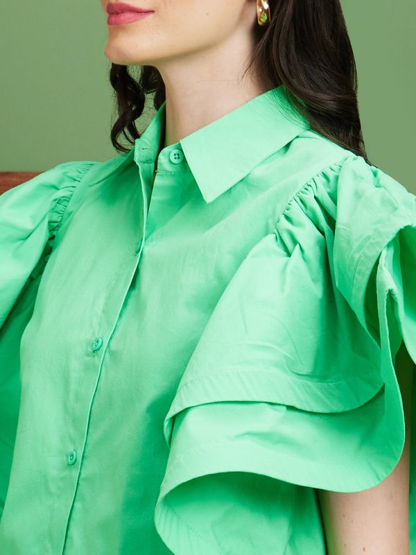 Globus Women Green Solid Cotton Shirt Collar Oversized Party Top