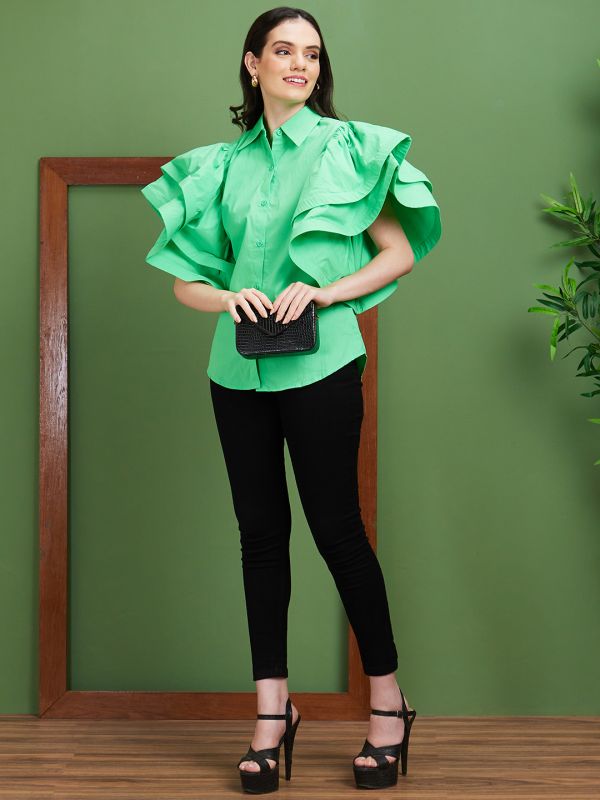 Globus Women Green Solid Cotton Shirt Collar Oversized Party Top