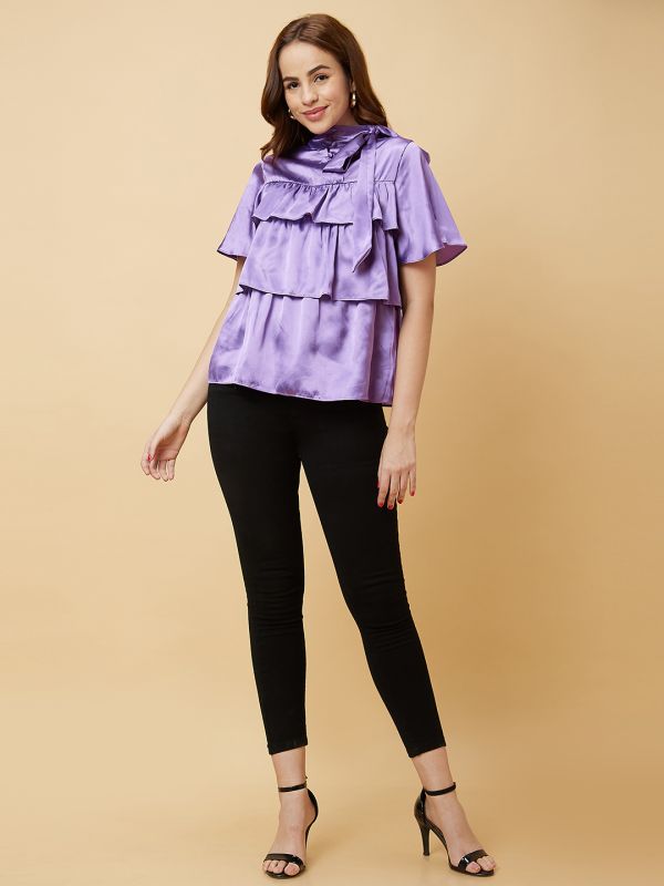 Globus Women Purple Tiered Flare Sleeves Tie-Up Neck Party Top