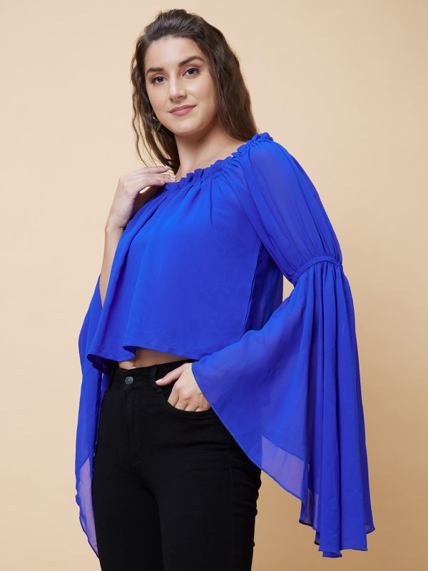 Globus Women Blue Solid Square Neck Flared Sleeves Party Crop Top