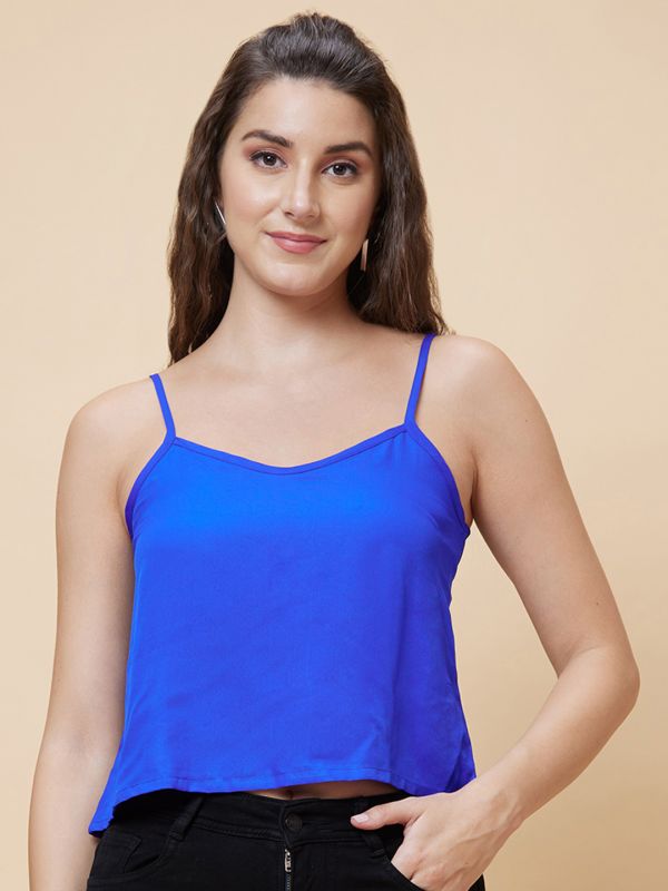 Globus Women Blue Solid Square Neck Flared Sleeves Party Crop Top