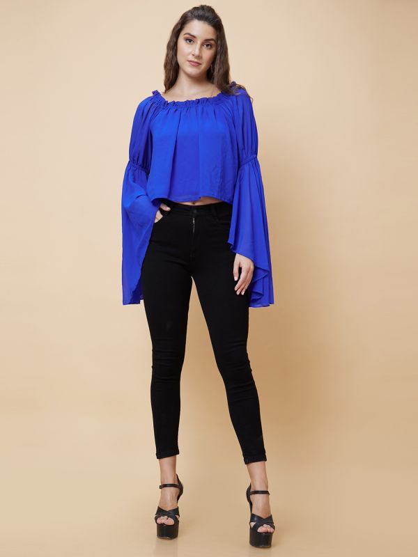 Globus Women Blue Solid Square Neck Flared Sleeves Party Crop Top