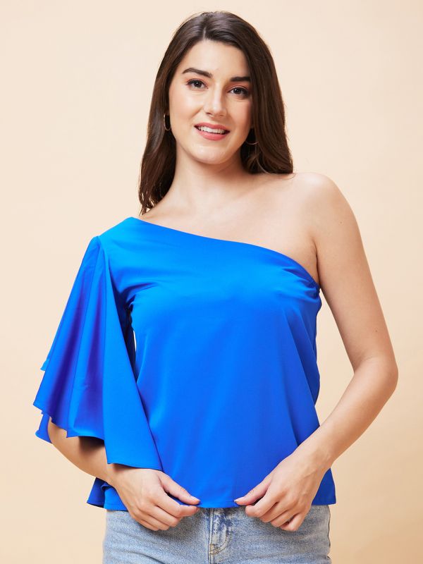 Globus Women Blue Solid One Shoulder Party Top